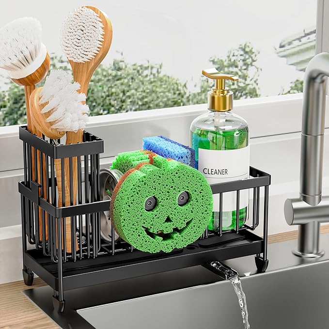 Cisily Sponge Holder for Kitchen Sink, Sink Caddy Organizer with High Brush Holder, Kitchen Countertop Organizers and Storage Essentials, Rustproof 304 Stainless Steel (Black with Smiley Face, 9.25″)