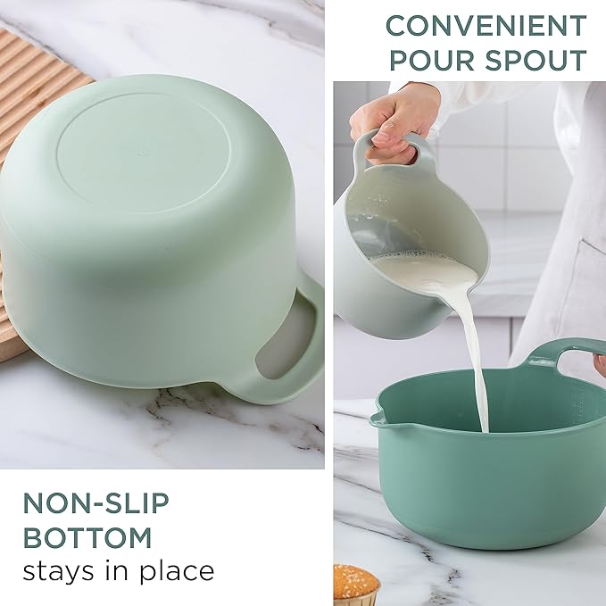 COOK WITH COLOR Nesting Plastic Mixing Bowl Set with Pour Spouts and Handles, Sage, 4 Piece Non-Slip