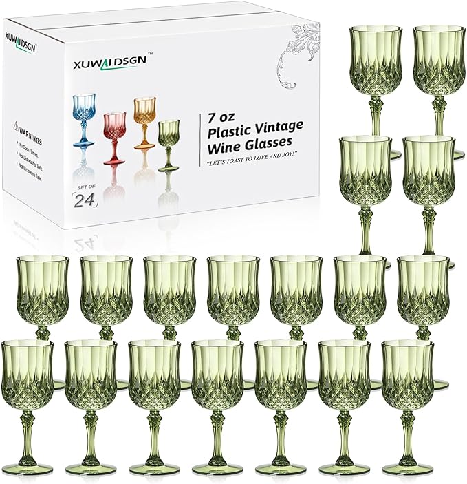 XUWAIDSGN 24 Pcs 7oz Plastic Vintage Wine Glasses Drinking Glasses Unbreakable Wedding Glassware Crystal Water Goblets Reusable Drinkware Vintage Champagne Flutes (24, Dark Green)