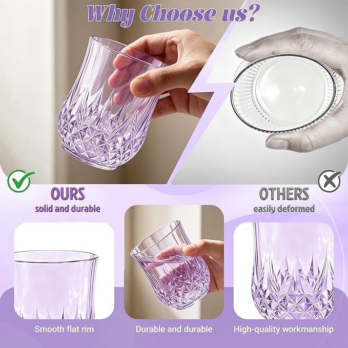 40 Pack Plastic Stemless Wine Glasses,12oz Unbreakable Vintage Elegant Drinking Glass Set,Reusable Fancy Cocktail Cups for Party, Wedding, and Bulk Events (40, 12oz-Purple)