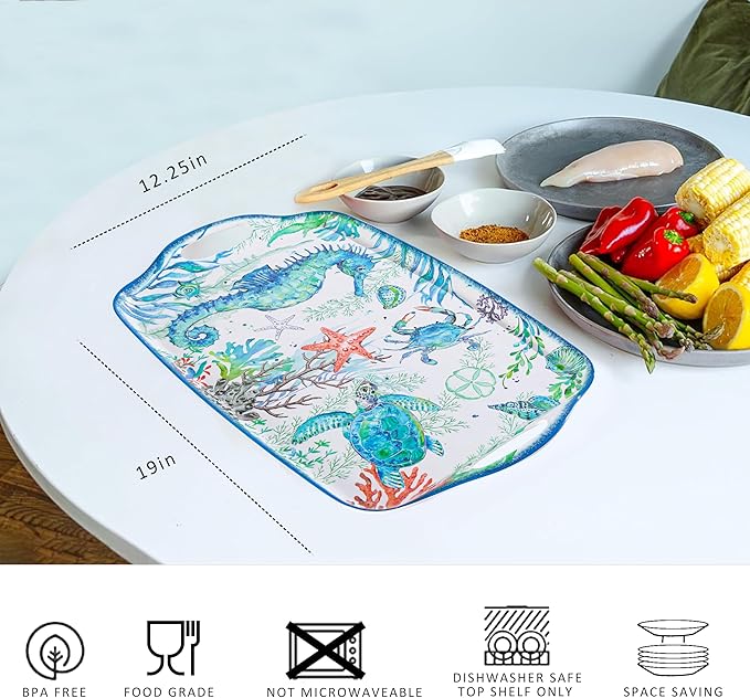LEHAHA Serving Tray with Handles, Large Rectangular Melamine Serve Platter for Serve Food, Set of 2, 19 x 12 inch,Unbreakable Food Platter for Coffee Table, Ottoman Tray for Bedroom, Living Room.