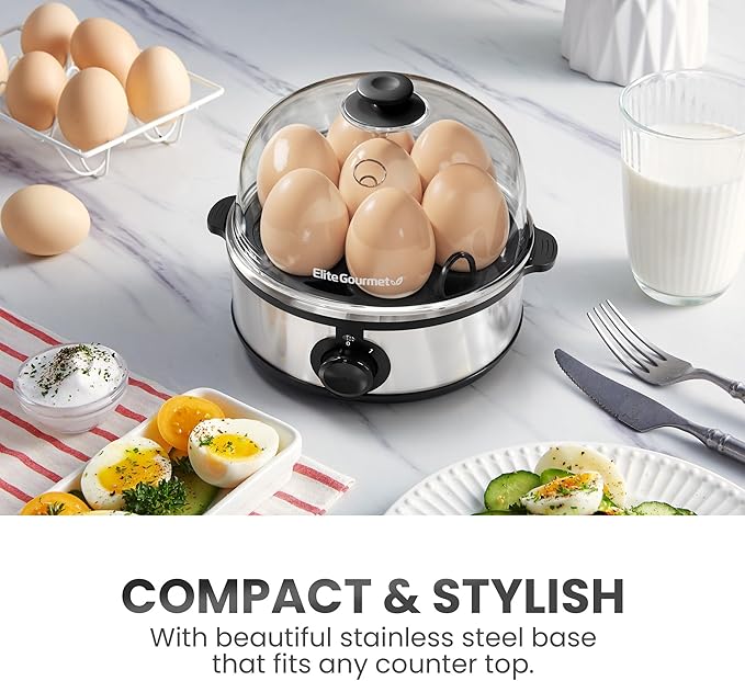 Elite Gourmet EGC724SS Easy Electric Poacher, Omelet Eggs & Soft, Medium, Hard-Boiled Egg Boiler Cooker with Auto Shut-Off and Buzzer, Measuring Cup Included, BPA Free, 7, Stainless Steel