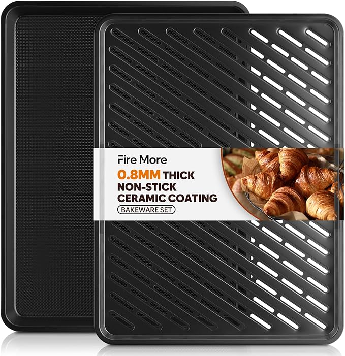 Half Sheet Pan with Cooling Rack 17.3” x 13.1”, Cookie Sheets for Baking 0.8mm Thick Non Stick Baking Sheets for Oven Heavy Duty Baking Trays with Diamond Texture
