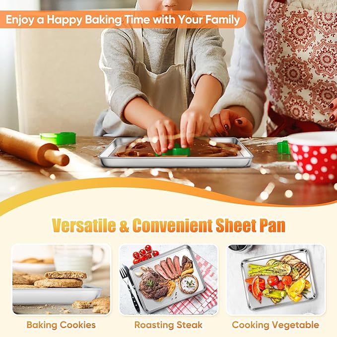 Homikit 2 Pack Baking Sheet, 10 x 8 Inch Stainless Steel Cookie Tray Set for Cooking Toasting, Small Metal Toaster Oven Baking Pan Non Stick, Rustproof & Mirror Finish, Dishwasher Safe