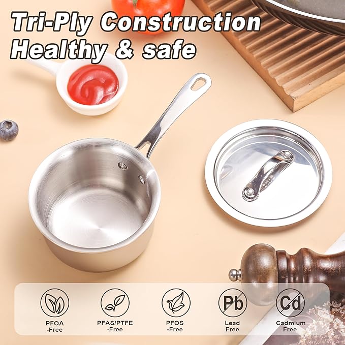 Mini Sauce Pan with Lid, Tri-Ply Stainless Steel Pot with Stay-Cool Handle & All Cooktop Compatibility (Gas, Ceramic, Electric) - Silver