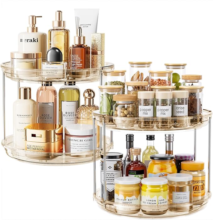 LAMU 2 Pack 2 Tier Lazy Susan Turntable Organizer 10.6'' Rotating Spice Rack Organization for Cabinet, Kitchen, Pantry, Countertop, Bathroom, Vanity, Medicine Cabinet Organizer, Amber