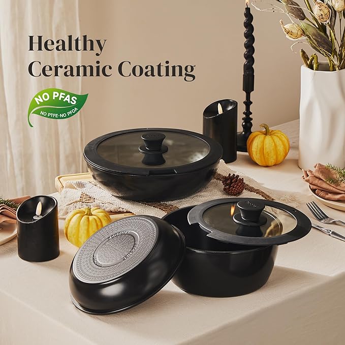 Redchef 16pcs Ceramic Pots and Pans Set Non Stick, Nonstick Kitchen Cookware Set with Detachable Handle, Non Toxic, PFAS PFOA & PTFE Free, RV Cookware Set for Camping, Dishwasher/Oven Safe (Black)