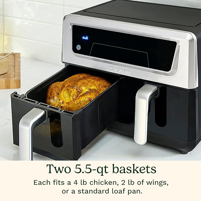 Cuisinart Dual Basket Air Fryer, Two Baskets 11 Qt in Total, 6 Functions: Air Fry, Roast, Bake, Broil, Dehydrate & Keep Warm, Features Sync Finish & Sync Settings, Toss Reminder & Auto-Pause, ADZ-112