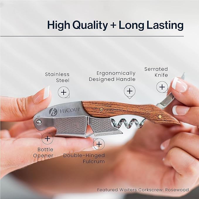 Hicoup Wine Opener - Professional Corkscrews for Wine Bottles w/Foil Cutter and Cap Remover - Manual Wine Key for Servers, Waiters, Bartenders and Home Use - Sandalwood