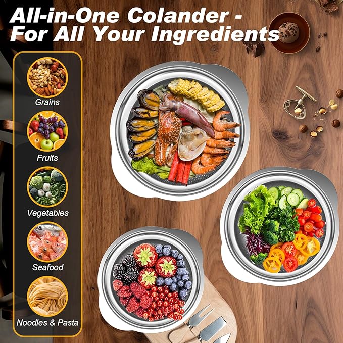 Colander, Stainless Steel Colander for Kitchen, 3Pcs Kitchen Gadget Food Strainer Basket with Handle, Kitchen Strainer Colanders Bowl for Pasta Noodles Spaghetti Vegetables Fruit (2QT, 3QT, 5QT)