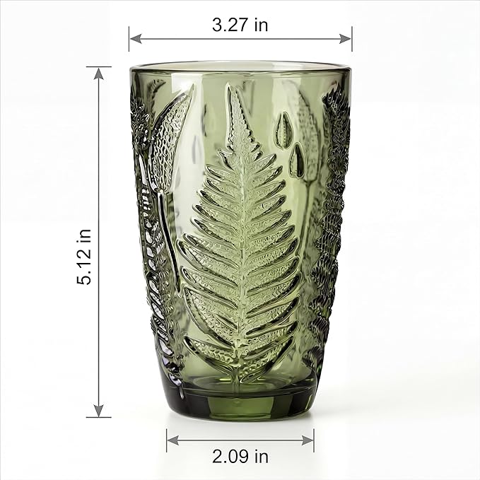 Green Drinking Glasses Set of 4, 12 oz Hand-Pressed Vintage Drinking Glasses, Deep Textured Antique Glassware, Fern Embossed Highball Tumblers, Colored Boho Glass Cups, Retro Style Drinkware Gift Set