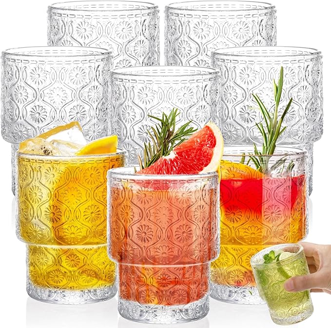 AVLA 8 Pack Vintage Drinking Glassware, 7 oz Romantic Water Juice Glass Tumbler Cup, Clear Stackable Coffee Cocktail Bar Drinkware for Beverages, Tea, Milk, Yogurt, Whiskey, Embossed Floral Pattern