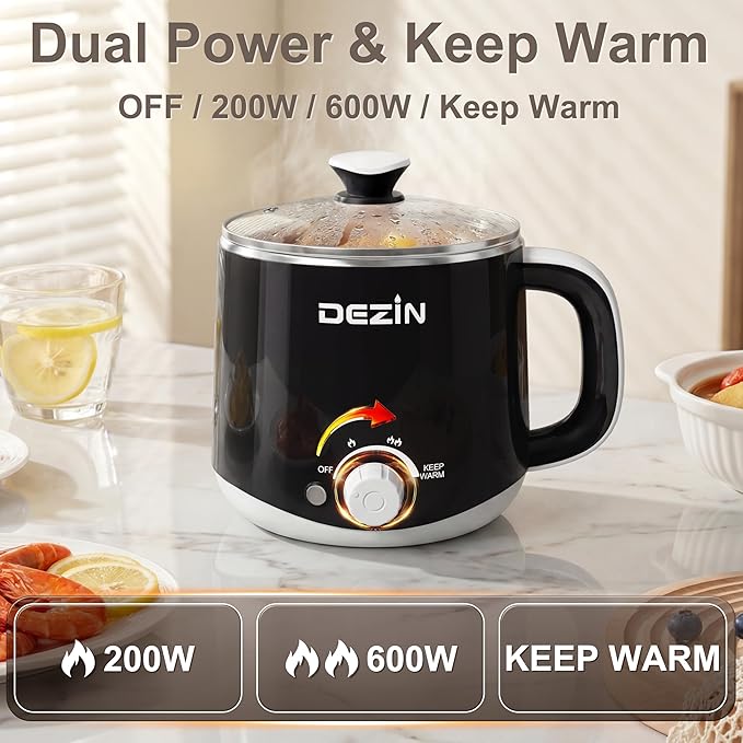 Dezin Hot Pot Electric, Rapid Noodles Cooker, Stainless Steel Electric Pot 1.6 Liter, Perfect for Ramen, Egg, Pasta, Dumpling, Soup, Porridge, Oatmeal with Temperature Control and Keep Warm Function