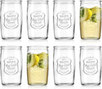 Glaver's Set of 8 Highball Glass Cups 20 OZ Stemless Tall Drinking Glasses For Everyday Use, Vintage Ice Cold Logo Tumbler Glassware for Bar, Juice, Cocktails, Beer, Water glasses.