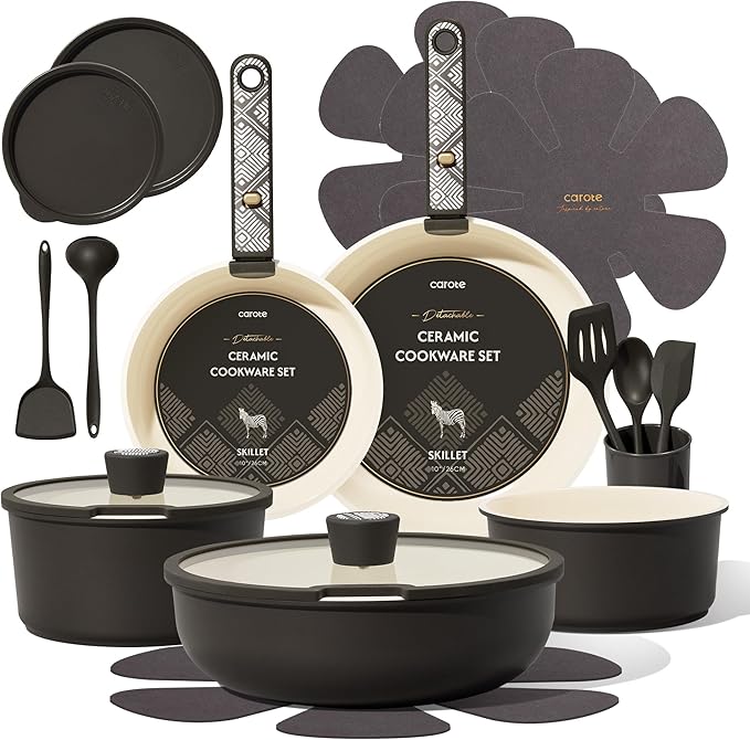 CAROTE 21-Piece Ceramic Cookware Set, Nonstick Pots and Pans Set with Detachable Handle, Non-Toxic Kitchen Cooking Set, Induction Compatible, Dishwasher & Oven Safe, Charcoal
