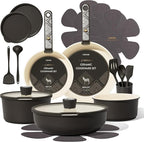 CAROTE 21-Piece Ceramic Cookware Set, Nonstick Pots and Pans Set with Detachable Handle, Non-Toxic Kitchen Cooking Set, Induction Compatible, Dishwasher & Oven Safe, Charcoal
