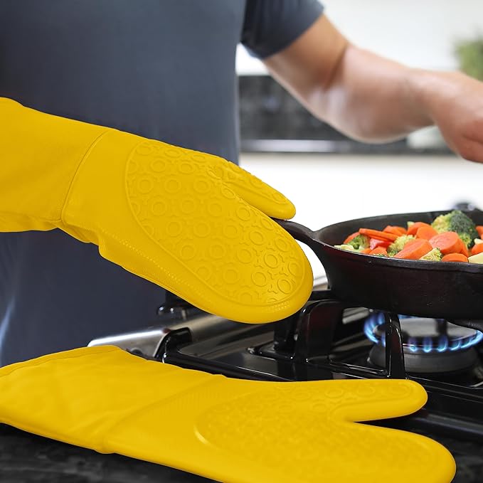 BPA-Free Soft Silicone Oven Mitts - Ultra Heat Resistant Oven Mitts with Thick Cotton Liner - Long Slip Resistant Pot Holders, Flexible Oven Gloves - Yellow 13.7"