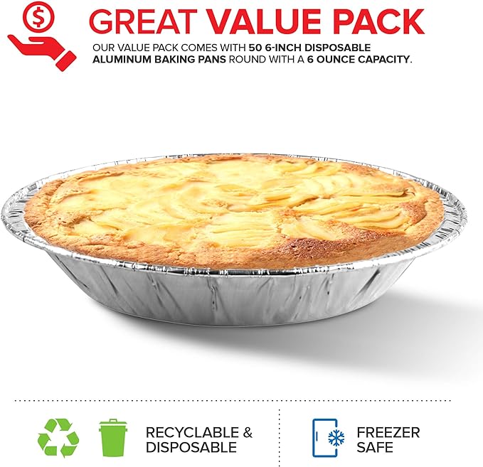 Stock Your Home 6 Inch Aluminum Foil Pie Pans (50 Count) – Disposable & Recyclable Mini Tins for Bakeries, Cafes, Restaurants – Durable Pans for Baking, Fruit Tarts, and Quiche