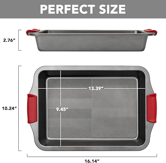 Tiawudi 13" x 9" Cake Pan, 0.8mm Thick Heavy Duty Baking Dish with Diamond Texture Pattern for Even Heating, Nonstick Baking Pan for Bread, Brownie or Lasagna, Cake Mold with Silicone Grip Handles