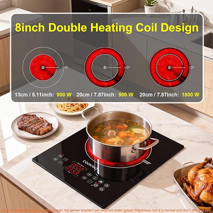 Dual Heating Coil Design of Single Burner Electric Cooktop, 1800W Ceramic Infrared Cooking Hot Plate, Portable Countertop or Built-in Radiant Stove Top Cooker with Wattage and Temperature Control