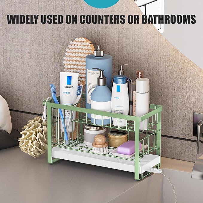 Sponge Holder for Kitchen Sink with Flexible Sink Caddy Smiley Face,2 Tier Kitchen Sink Organizer Countertop and Storage Essentials,Soap Dispenser Organize,Home Decor Accessories-Green