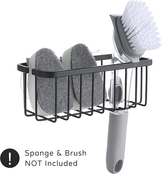 SunnyPoint NeverRust Deluxe Kitchen & Bathroom Sink Sponge Holder Organizer with Adhesive Mount - Additional Suction Cup Included – Sponge & Brush NOT Included – 7.4 x 3.3 x 2.75 Inch, BLK