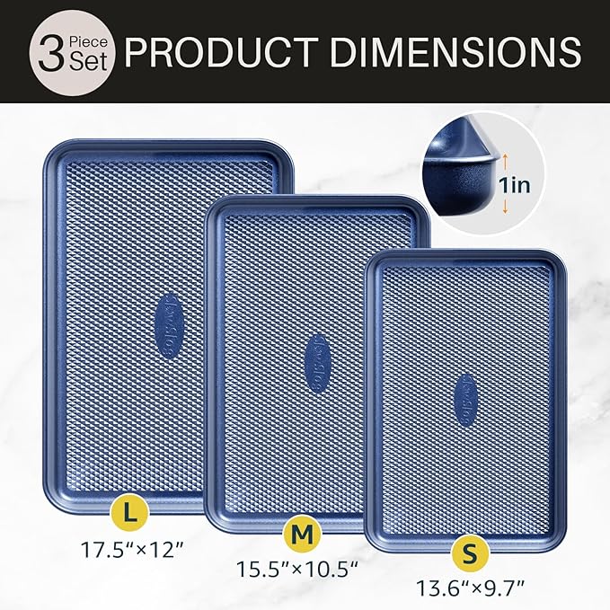 3Pcs Nonstick Baking Sheet, Baking Sheet Pan Set, Jelly Roll Pans, Cookies Sheet for Baking, Cookie Sheet Pan with Diamond Texture, Blue