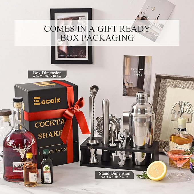 Bartender Kit Cocktail Shaker Set with Stand 17-Piece Bar Tool Bar Set for Drink Mixing Home Bartending Kit Bar Cart Accessories: Martini Shaker, Mixer Spoon, Jigger, Muddler, Strainer & Recipes Gifts