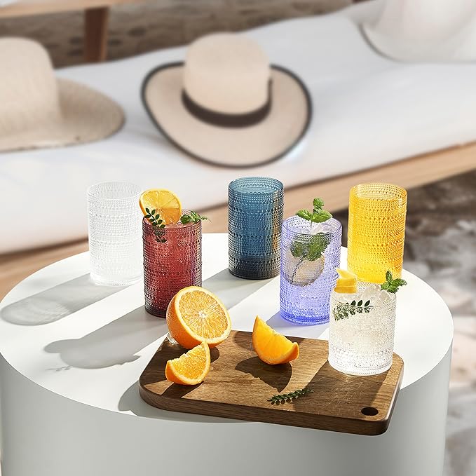 Khen Plastic Hobnail Drinking Highball Glasses Set of 6 Clear Color Cups 14oz, Shatterproof & Unbreakable Acrylic Beaded Design, BPA-Free, Dishwasher Safe Indoor/Outdoor Drinkware Water, Cocktails
