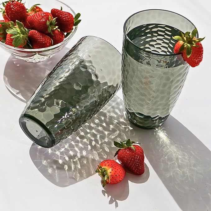 Kate Aspen Smoke Grey Hammered Plastic Tumblers, Plastic Drinking Glasses Set of 8, 23 oz, Large Shatterproof Cups Reusable for Outdoor Barware, Cocktails, BPA-Free Tumblers & Water Glasses