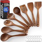 PriorityChef Wooden Spoons for Cooking, Premium 8pc Teak Wood Utensil Set with Hanging Hooks