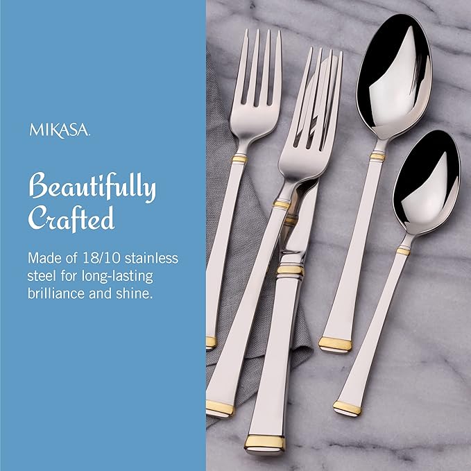 Mikasa Gold Accent Harmony Flatware Set for 12, 65 Piece 18/10 Stainless Steel Silverware with Gold-Trimmed Handles and Serving Utensils, Elegant Dinnerware Service