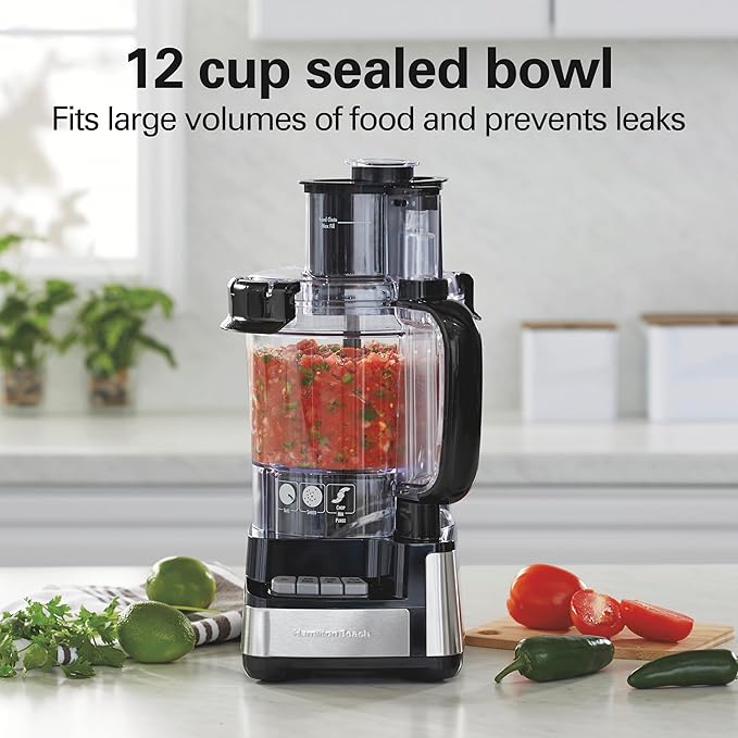 Hamilton Beach Stack & Snap Food Processor and Vegetable Chopper, BPA Free, Stainless Steel Blades, 12 Cup Bowl, 2-Speed 450 Watt Motor, Black (70725A)