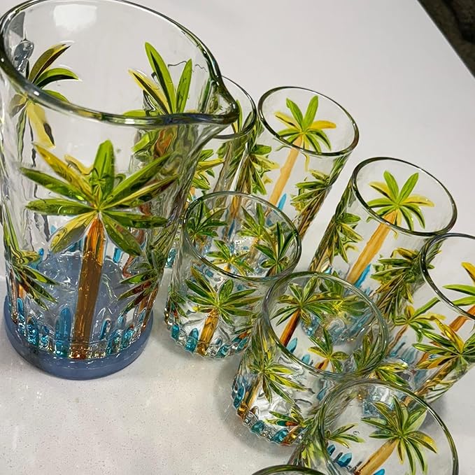 Tropical Summer Drinking Glasses 4 Short Coconut Tree Pool Party Caribbean Beach Theme Design Colorful Tiki Bar Margarita Mix Drink Mojito Martini Pool Party Cup Palm Trees Engraved Whiskey Sour Glass