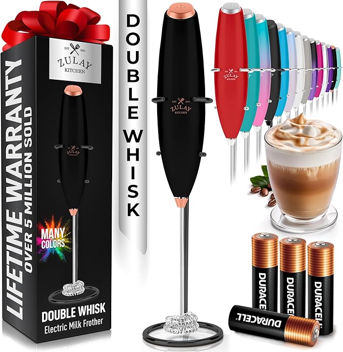Zulay Kitchen Whisk Milk Frother with 4 Duracell Batteries - Powerful Handheld Foam Maker for Coffee, Lattes, Matcha, Hot Chocolate & Cappuccinos - Whip Creamy Froth in Seconds