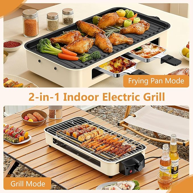 Electric Indoor Grill 1500W -2 in 1 Smokeless Indoor Grill for Kitchen with Non-stick Removable Grill & Griddle Plate,Temperature Control Korean BBQ Grill with 3 Cheese Pans Dishwasher Safe