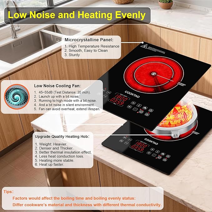 Dual Heating Coil Design of Single Burner Electric Cooktop, 1800W Ceramic Infrared Cooking Hot Plate, Portable Countertop or Built-in Radiant Stove Top Cooker with Wattage and Temperature Control