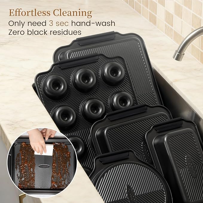 Kikcoin 25 PCS Stackable Baking Pans Set, Non-stick Bakeware Sets with Silicone Handles, 450°F Oven Safe Cookie Sheets for Baking, Easy Release Heavy-duty Baking Sheets Non Stick, Black