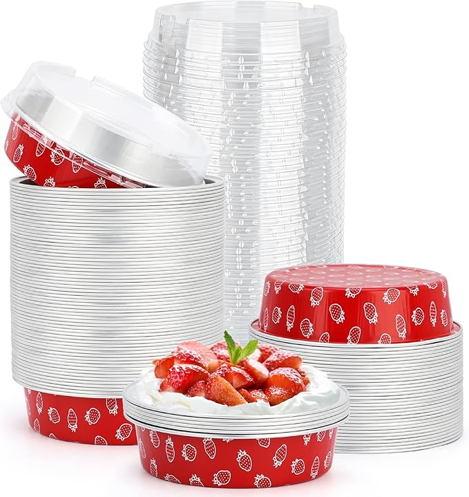 Beasea Disposable Mini Pie Pans with Lids, 100 Pack 4 Inch 8oz Aluminum Baking Foil Tins Small Round Tart Cups Containers for Individual Cupcake Dessert Muffin Cheesecake Ramekins Quiche Oven Dishes