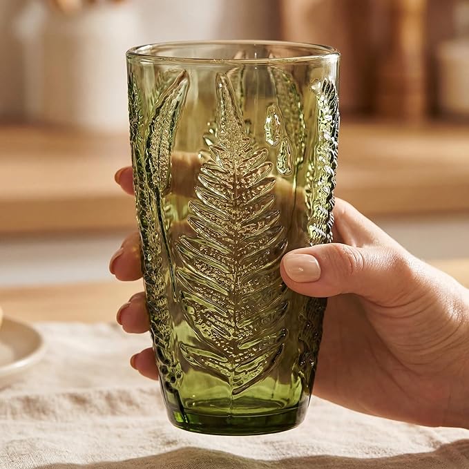 16 oz Green Fern-Embossed Tumblers – Set of 8 Drinking Glasses, Artisanal-Style Vintage Textured Glassware for Water, Sparkling Drinks, Lemonade & Mocktails – Retro Boho Kitchen & Home Table Decor