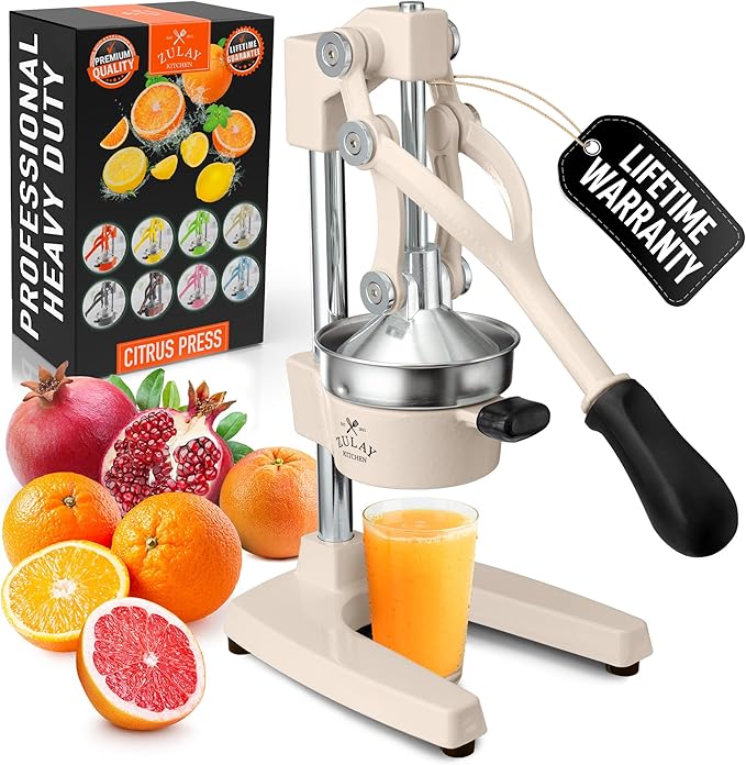 Zulay Kitchen Cast-Iron Orange Juice Squeezer - Heavy-Duty, Easy-to-Clean, Professional Citrus Juicer - Durable Stainless Steel Lemon Squeezer - Sturdy Manual Citrus Press & Orange Squeezer (Cream)