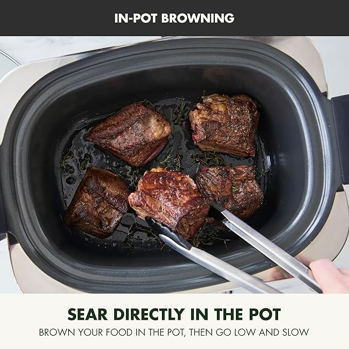 GreenPan Elite 14-in-1 Nonstick 6QT Electric Slow Cooker, PFAS-Free Ceramic Multi-Cooker, In-Pot Browning, Dishwasher Safe Lid & Removable Crock, Stainless Steel Steamer, Silicone Handles, Black