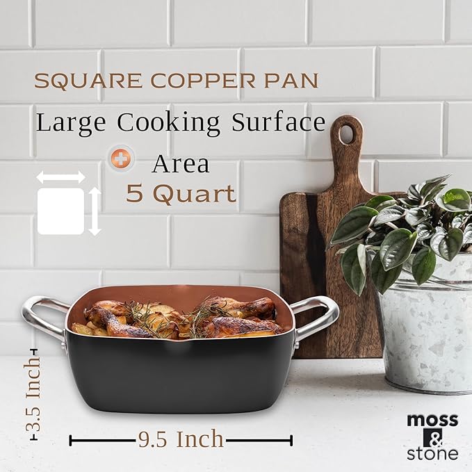 Moss & Stone 5 Pcs Black Copper Chef Cookware Non Stick Deep Frying Pan, Fry Basket, Steamer Rack, Dishwasher & Oven Safe, 5 Qt Deep Square Pan, Induction Copper Cookware Set - 9.5" x 3.5"
