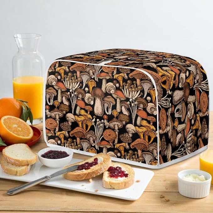 JEOCODY Mushroom Print Toaster Cover for 2 Slice Wide Slot Bread Maker - Small Appliance Dust Protection With Handle for Kitchen, Washable