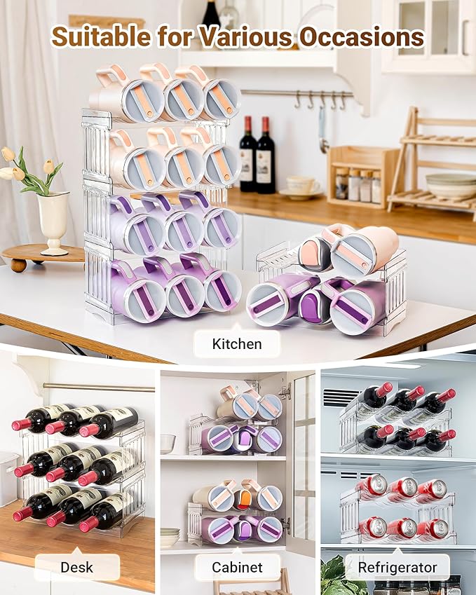 Water Bottle Organizer Holder for Stanley Cup Accessories, Fridge Kitchen Cabinet Organizer and Storage for Meoky 40 oz Tumbler with Handle, Stackable Plastic Travel Mug Cup Rack Gifts, 3Pack