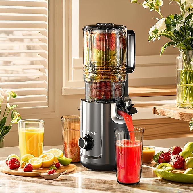 Hobsir Juicer Machines, 5.3-Inch Cold Press Juicers, Masticating Slow Juicer Machine with 300W, Large Feed Chute Juice Machines for Vegetables and Fruits, Easy to Clean Juicers Magic, Black