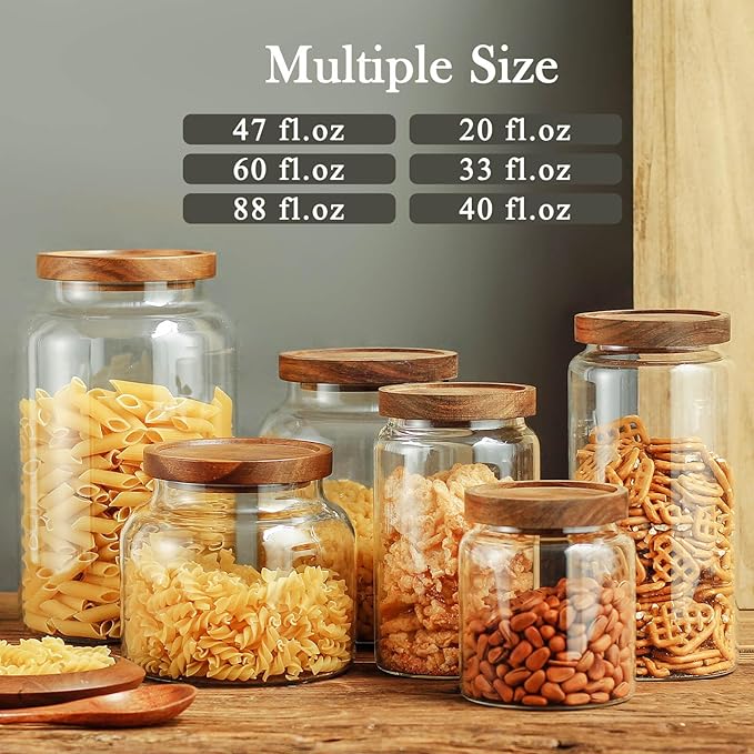 Labina Glass Storage Container Airtight Food Jars Kitchen Canister with Wood Lids, 33 Oz Wide Mouth Pantry Organization Glass Jar for Flour, Sugar, Cookie, Spagetti, Nuts and Candy