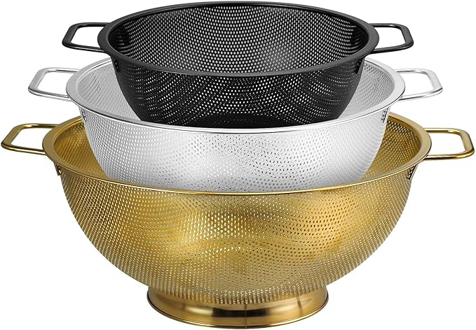 3PCS Three Colors Mix Colander Set, 3QT Black & 4QT Silver & 5QT Gold, Stainless Steel Pasta Strainer with Handle for Prepping Washing Draining Storing Food, Dishwasher Safe
