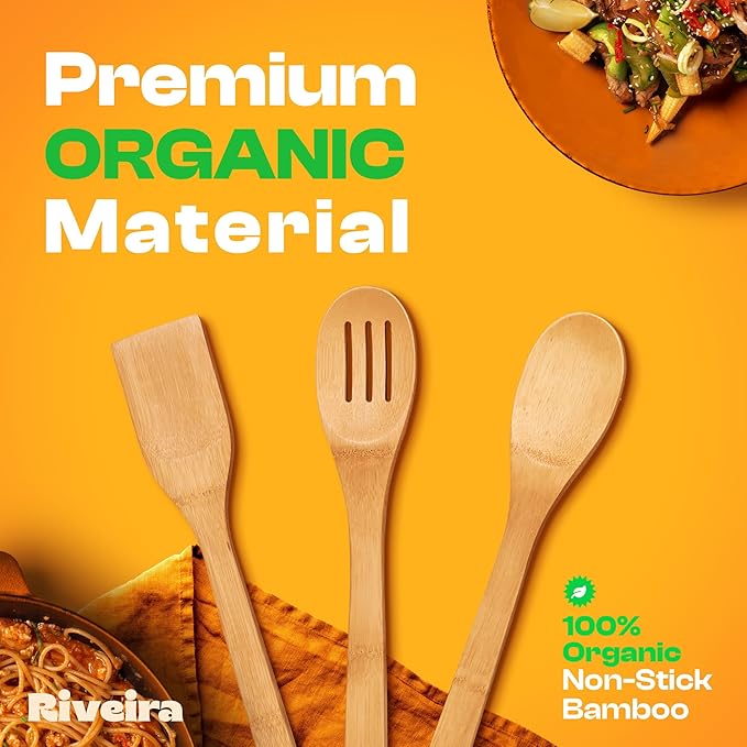 Riveira Bamboo Wooden Spoons for Cooking 3-Piece, Apartment Essentials Wood Spatula Spoon Nonstick Kitchen Utensil Set Premium Quality Housewarming Gifts for Everyday Use