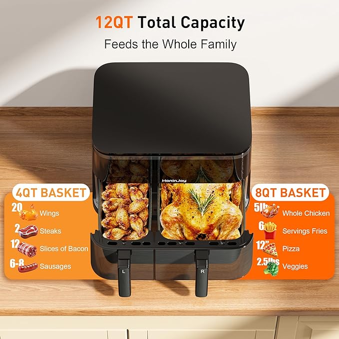 12QT Large Air Fryer with Dual Basket (4QT+8QT), 13-in-1 Digital Touchscreen Double Zone Air Fryers with 50pcs Paper Liners, Sync & Dual, for Bake, Roast, Shake Reminder, Dishwasher Safe